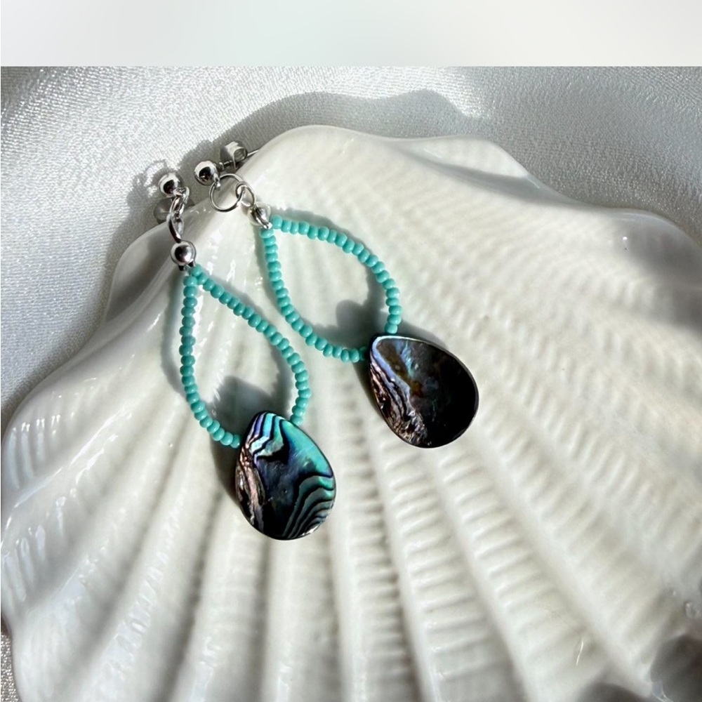Turquoise Beaded Teardrop Earrings with Abalone Accents